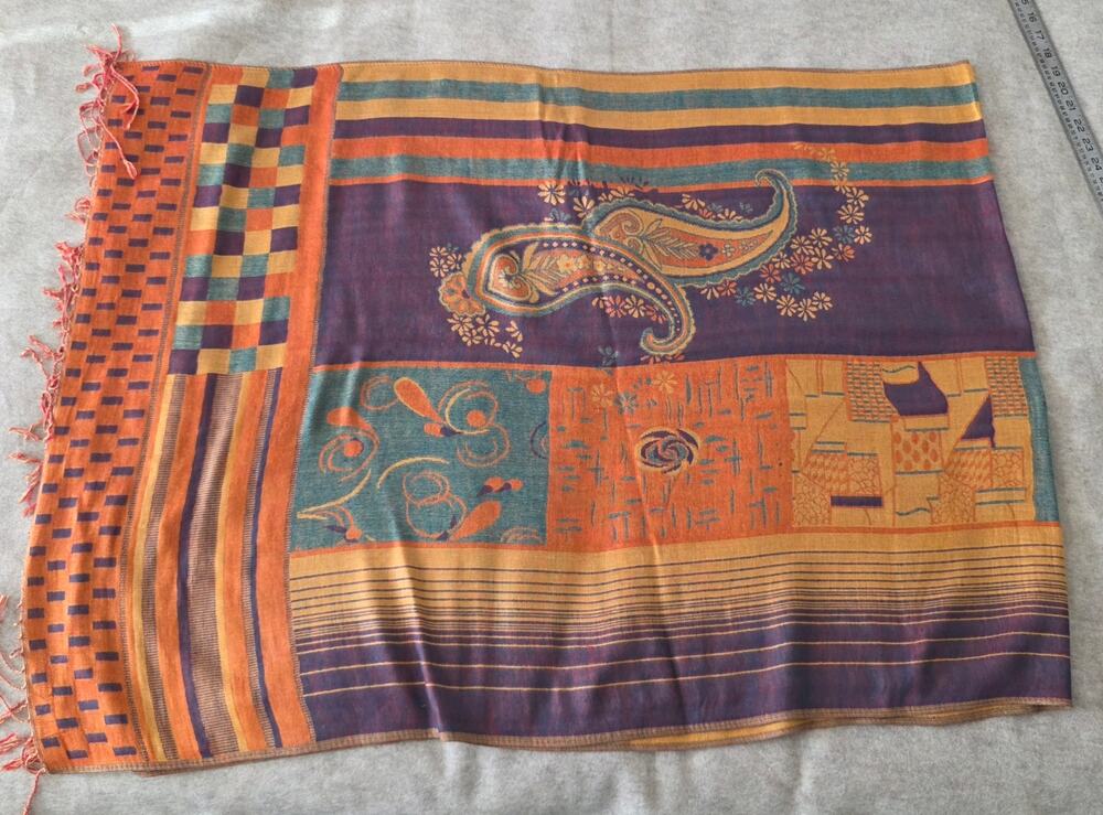 100% Pashmina Paisley Scarf Wrap Shawl Orange Purple Teal Fringe